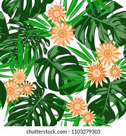 Tropical Seamless Pattern with Philodendron and Daisies. Vector Monstera Leaves and Stylized Flowers Gerbera. Watercolor Effect. Exotic Floral Background. Tropic Seamless Pattern with Jungle Foliage.