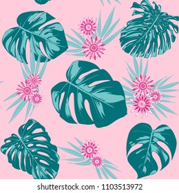 Tropical Seamless Pattern with Philodendron and Daisies. Vector Monstera Leaves and Stylized Flowers Gerbera. Watercolor Effect. Exotic Floral Background. Tropic Seamless Pattern with Jungle Foliage.