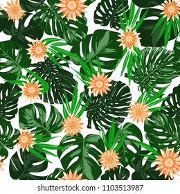 Tropical Seamless Pattern with Philodendron and Daisies. Vector Monstera Leaves and Stylized Flowers Gerbera. Watercolor Effect. Exotic Floral Background. Tropic Seamless Pattern with Jungle Foliage.