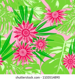 Tropical Seamless Pattern with Philodendron and Daisies. Vector Monstera Leaves and Stylized Flowers Gerbera. Watercolor Effect. Exotic Floral Background. Tropic Seamless Pattern with Jungle Foliage.