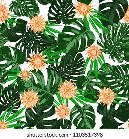 Tropical Seamless Pattern with Philodendron and Daisies. Vector Monstera Leaves and Stylized Flowers Gerbera. Watercolor Effect. Exotic Floral Background. Tropic Seamless Pattern with Jungle Foliage.