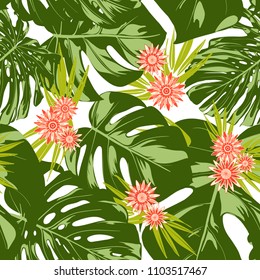Tropical Seamless Pattern with Philodendron and Daisies. Vector Monstera Leaves and Stylized Flowers Gerbera. Watercolor Effect. Exotic Floral Background. Tropic Seamless Pattern with Jungle Foliage.