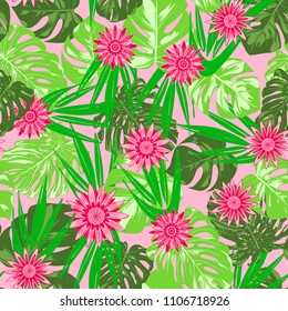 Tropical Seamless Pattern with Philodendron and Daisies. Vector Monstera Leaves and Stylized Flowers Gerbera. Watercolor Effect. Exotic Floral Background. Tropic Seamless Pattern with Jungle Foliage.