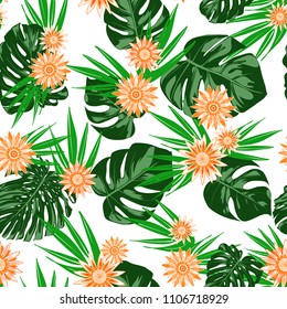 Tropical Seamless Pattern with Philodendron and Daisies. Vector Monstera Leaves and Stylized Flowers Gerbera. Watercolor Effect. Exotic Floral Background. Tropic Seamless Pattern with Jungle Foliage.