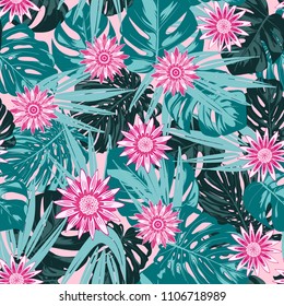 Tropical Seamless Pattern with Philodendron and Daisies. Vector Monstera Leaves and Stylized Flowers Gerbera. Watercolor Effect. Exotic Floral Background. Tropic Seamless Pattern with Jungle Foliage.