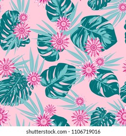 Tropical Seamless Pattern with Philodendron and Daisies. Vector Monstera Leaves and Stylized Flowers Gerbera. Watercolor Effect. Exotic Floral Background. Tropic Seamless Pattern with Jungle Foliage.