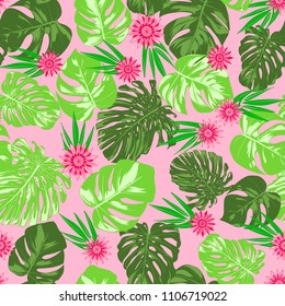 Tropical Seamless Pattern with Philodendron and Daisies. Vector Monstera Leaves and Stylized Flowers Gerbera. Watercolor Effect. Exotic Floral Background. Tropic Seamless Pattern with Jungle Foliage.