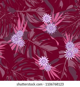 Tropical Seamless Pattern with Philodendron and Daisies. Vector Monstera Leaves and Stylized Flowers Gerbera. Watercolor Effect. Exotic Floral Background. Tropic Seamless Pattern with Jungle Foliage.