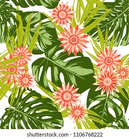 Tropical Seamless Pattern with Philodendron and Daisies. Vector Monstera Leaves and Stylized Flowers Gerbera. Watercolor Effect. Exotic Floral Background. Tropic Seamless Pattern with Jungle Foliage.
