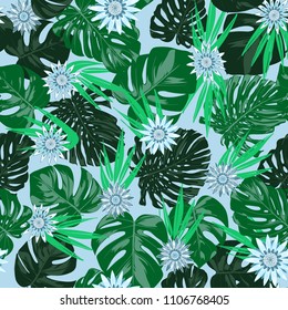 Tropical Seamless Pattern with Philodendron and Daisies. Vector Monstera Leaves and Stylized Flowers Gerbera. Watercolor Effect. Exotic Floral Background. Tropic Seamless Pattern with Jungle Foliage.