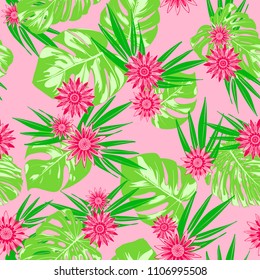 Tropical Seamless Pattern with Philodendron and Daisies. Vector Monstera Leaves and Stylized Flowers Gerbera. Watercolor Effect. Exotic Floral Background. Tropic Seamless Pattern with Jungle Foliage.