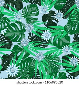 Tropical Seamless Pattern with Philodendron and Daisies. Vector Monstera Leaves and Stylized Flowers Gerbera. Watercolor Effect. Exotic Floral Background. Tropic Seamless Pattern with Jungle Foliage.