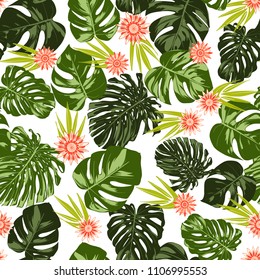 Tropical Seamless Pattern with Philodendron and Daisies. Vector Monstera Leaves and Stylized Flowers Gerbera. Watercolor Effect. Exotic Floral Background. Tropic Seamless Pattern with Jungle Foliage.