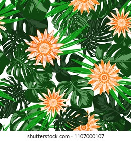 Tropical Seamless Pattern with Philodendron and Daisies. Vector Monstera Leaves and Stylized Flowers Gerbera. Watercolor Effect. Exotic Floral Background. Tropic Seamless Pattern with Jungle Foliage.