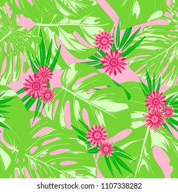 Tropical Seamless Pattern with Philodendron and Daisies. Vector Monstera Leaves and Stylized Flowers Gerbera. Watercolor Effect. Exotic Floral Background. Tropic Seamless Pattern with Jungle Foliage.