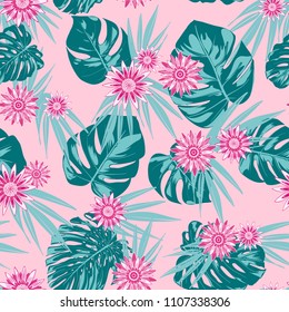 Tropical Seamless Pattern with Philodendron and Daisies. Vector Monstera Leaves and Stylized Flowers Gerbera. Watercolor Effect. Exotic Floral Background. Tropic Seamless Pattern with Jungle Foliage.