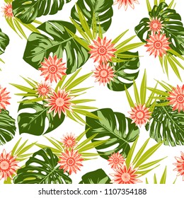 Tropical Seamless Pattern with Philodendron and Daisies. Vector Monstera Leaves and Stylized Flowers Gerbera. Watercolor Effect. Exotic Floral Background. Tropic Seamless Pattern with Jungle Foliage.