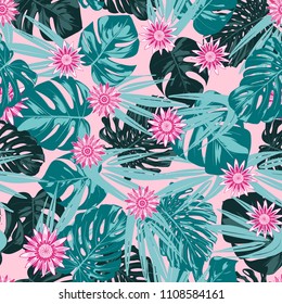 Tropical Seamless Pattern with Philodendron and Daisies. Vector Monstera Leaves and Stylized Flowers Gerbera. Watercolor Effect. Exotic Floral Background. Tropic Seamless Pattern with Jungle Foliage.