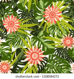 Tropical Seamless Pattern with Philodendron and Daisies. Vector Monstera Leaves and Stylized Flowers Gerbera. Watercolor Effect. Exotic Floral Background. Tropic Seamless Pattern with Jungle Foliage.