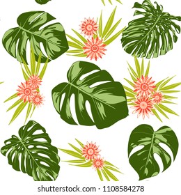 Tropical Seamless Pattern with Philodendron and Daisies. Vector Monstera Leaves and Stylized Flowers Gerbera. Watercolor Effect. Exotic Floral Background. Tropic Seamless Pattern with Jungle Foliage.