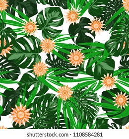 Tropical Seamless Pattern with Philodendron and Daisies. Vector Monstera Leaves and Stylized Flowers Gerbera. Watercolor Effect. Exotic Floral Background. Tropic Seamless Pattern with Jungle Foliage.