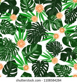 Tropical Seamless Pattern with Philodendron and Daisies. Vector Monstera Leaves and Stylized Flowers Gerbera. Watercolor Effect. Exotic Floral Background. Tropic Seamless Pattern with Jungle Foliage.