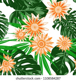 Tropical Seamless Pattern with Philodendron and Daisies. Vector Monstera Leaves and Stylized Flowers Gerbera. Watercolor Effect. Exotic Floral Background. Tropic Seamless Pattern with Jungle Foliage.
