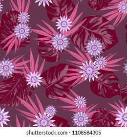 Tropical Seamless Pattern with Philodendron and Daisies. Vector Monstera Leaves and Stylized Flowers Gerbera. Watercolor Effect. Exotic Floral Background. Tropic Seamless Pattern with Jungle Foliage.