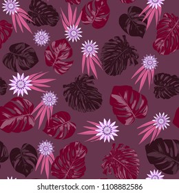 Tropical Seamless Pattern with Philodendron and Daisies. Vector Monstera Leaves and Stylized Flowers Gerbera. Watercolor Effect. Exotic Floral Background. Tropic Seamless Pattern with Jungle Foliage.