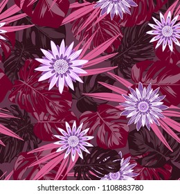Tropical Seamless Pattern with Philodendron and Daisies. Vector Monstera Leaves and Stylized Flowers Gerbera. Watercolor Effect. Exotic Floral Background. Tropic Seamless Pattern with Jungle Foliage.