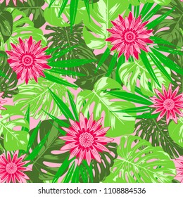 Tropical Seamless Pattern with Philodendron and Daisies. Vector Monstera Leaves and Stylized Flowers Gerbera. Watercolor Effect. Exotic Floral Background. Tropic Seamless Pattern with Jungle Foliage.