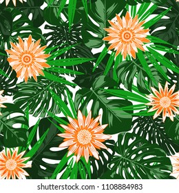 Tropical Seamless Pattern with Philodendron and Daisies. Vector Monstera Leaves and Stylized Flowers Gerbera. Watercolor Effect. Exotic Floral Background. Tropic Seamless Pattern with Jungle Foliage.