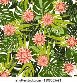 Tropical Seamless Pattern with Philodendron and Daisies. Vector Monstera Leaves and Stylized Flowers Gerbera. Watercolor Effect. Exotic Floral Background. Tropic Seamless Pattern with Jungle Foliage.