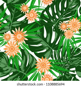 Tropical Seamless Pattern with Philodendron and Daisies. Vector Monstera Leaves and Stylized Flowers Gerbera. Watercolor Effect. Exotic Floral Background. Tropic Seamless Pattern with Jungle Foliage.