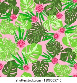 Tropical Seamless Pattern with Philodendron and Daisies. Vector Monstera Leaves and Stylized Flowers Gerbera. Watercolor Effect. Exotic Floral Background. Tropic Seamless Pattern with Jungle Foliage.