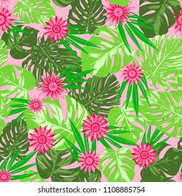 Tropical Seamless Pattern with Philodendron and Daisies. Vector Monstera Leaves and Stylized Flowers Gerbera. Watercolor Effect. Exotic Floral Background. Tropic Seamless Pattern with Jungle Foliage.