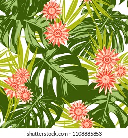 Tropical Seamless Pattern with Philodendron and Daisies. Vector Monstera Leaves and Stylized Flowers Gerbera. Watercolor Effect. Exotic Floral Background. Tropic Seamless Pattern with Jungle Foliage.