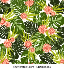 Tropical Seamless Pattern with Philodendron and Daisies. Vector Monstera Leaves and Stylized Flowers Gerbera. Watercolor Effect. Exotic Floral Background. Tropic Seamless Pattern with Jungle Foliage.