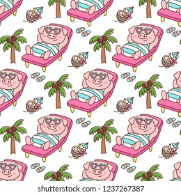 Tropical seamless pattern with Pig in swimsuit and glasses, with coconut cocktail, lays on a deckchair, on white background. It can be used for packaging, wrapping paper, textile and etc.