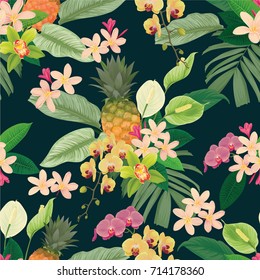 Tropical seamless pattern with pineapple, flowers and leaves on dark green color background. Vector set of exotic tropical garden for wedding invitations and greeting card design. 