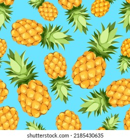 Tropical seamless pattern with pineapple fruit on a blue background. Vector illustration