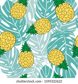 Tropical seamless pattern pineapple and monstera leaves