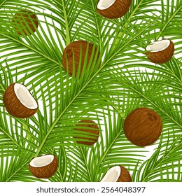 Tropical seamless pattern with pineapples, coconuts and palm leaves. Vector ornament with exotic fruits and leaves. Whole and cracked coco. Hand drawn illustration for wrapping paper, apparel, print