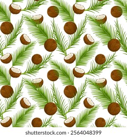 Tropical seamless pattern with pineapples, coconuts and palm leaves. Vector ornament with exotic fruits and leaves. Whole and cracked coco. Hand drawn illustration for wrapping paper, apparel, print