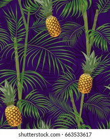 Tropical seamless pattern with pineapples, exotic palm leaves on dark background. Vector illustration.