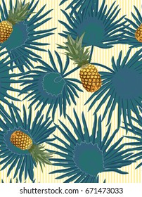 Tropical seamless pattern with pineapples, exotic palm leaves on dark background. Vector illustration.
