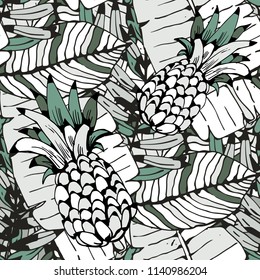 Tropical seamless pattern. Pineapples, flowers, palm leaves. Exotic background texture. Vintage print. Fabric design, wallpaper