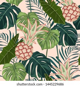 Tropical seamless pattern with pineapples and green palm leaves. Summer print. Vector illustration