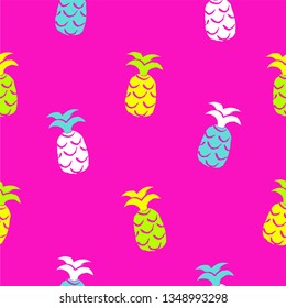 Tropical seamless pattern with pineapples. Neon color.  Vector illustration