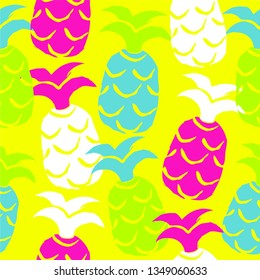 Tropical seamless pattern with pineapples. Neon color. Vector illustration.